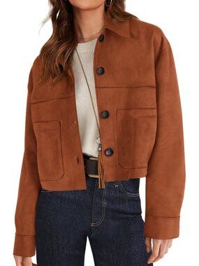 Women's Faux Suede Cropped Jacket Fall Fashion Winter Coats Outerwear Orange